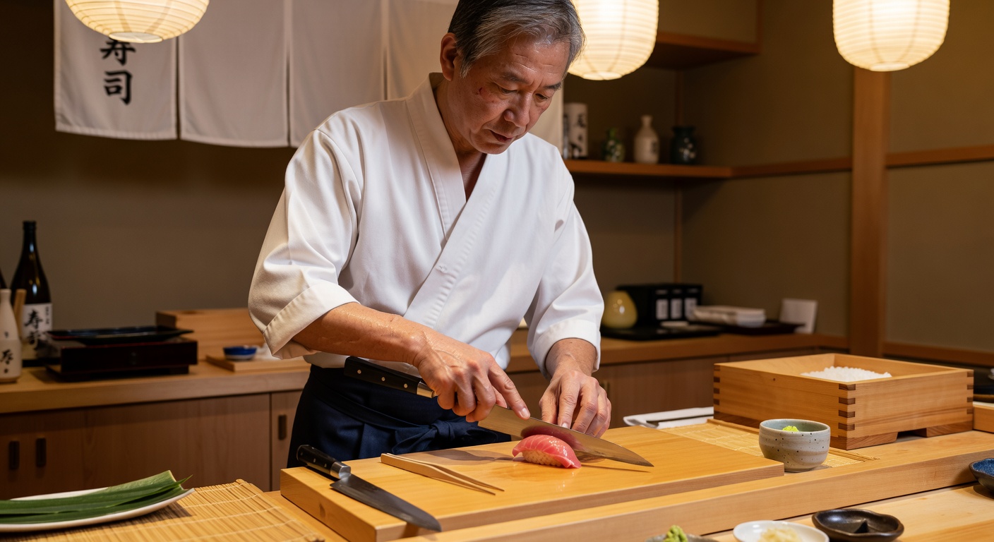 職人が丁寧に握る寿司、和食の精神を体現する一コマ